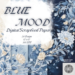 BLUE MOOD Digital paper projects kit for scrapbooking, blossom papers kit, romantic blue flowers, baby blue, card making