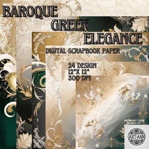 ELEGANZA VERDE BAROCCA Set di progetti di carta digitale per scrapbooking, sfondo glamour, creazione di cartoline, set di carta digitale