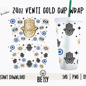 Vaso de agua fría con efecto de mal de ojo de 24 oz SVG, Ojo turco SVG, Protección contra el mal de ojo SVG, Mano de Hamsa SVG, Ojos malvados SVG