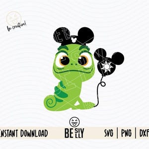 May include: A green cartoon chameleon wearing a black Mickey Mouse ear hat, holding a black Mickey Mouse balloon with a sun design. The image includes the text "INSTANT DOWNLOAD" and "BE SLY".