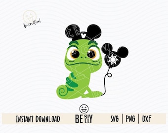 May include: A green cartoon chameleon wearing a black Mickey Mouse ear hat, holding a black Mickey Mouse balloon with a sun design. The image includes the text "INSTANT DOWNLOAD" and "BE SLY".
