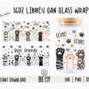 Svg de verre de pattes de chat mignon, SVG d'emballage de tasse de café de chat, chats Libbey Wrap, Svg d'impression de patte, svg de maman de chat