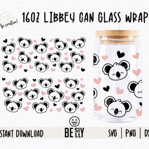 May include: A digital download of a 16oz Libbey can glass wrap featuring a pattern of black and white koala bears with pink hearts. The design is available in SVG, PNG, and DXF formats.