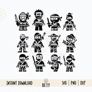 Op de afbeelding: Een verzameling zwarte ninja-illustraties, elk in een andere pose en met wapens zoals zwaarden en werpsterren. De tekst "INSTANT DOWNLOAD" staat onderaan, samen met opties voor bestandstypen zoals SVG, PNG en DXF.