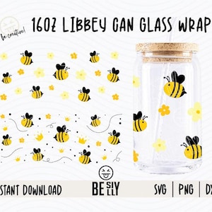 Honey Bee LIBBEY Can glass wrap SVG 16oz, Libbey Glass Can Svg, Honey Can Wrap Svg, Bee Happy Svg Wrap, Glass Wrap Svg