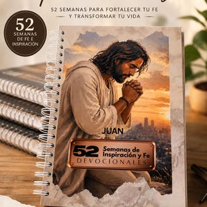 May include: A spiral-bound devotional book with the title "DEVOCIONAL para hombres" and the text "52 SEMANAS PARA FORTALECER TU FE Y TRANSFORMAR TU VIDA." The cover features an illustration of a man praying. The book includes weekly devotionals and space for notes.