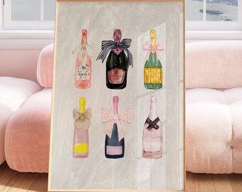 Cute Champagne with Bows Digital Wall Art Print, Coquette Room Decor, Pink Bow Printable Art, Aesthetic Bar Cart Decor, Cocktail Poster