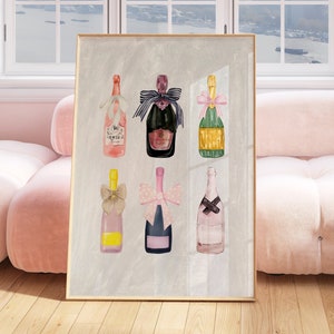 Niedliches Champagnerglas mit Schleifen, Wandkunst, Bar Dekor, Cocktail Poster, Kunstdruck, Bar Dekor, rosa Schleife druckbare Kunst
