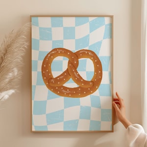 Blue and White Checkered Pretzel Wall Art Digital Print, Retro Soft Pretzel Kitchen Art Decor, Trendy Bakery Food Poster, Salt Pretzel Print