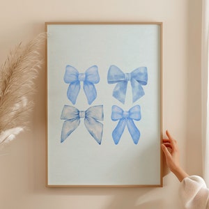 Preppy Blue Coquette Bow Digital Wall Art Print, Coquette Room Decor, Aesthetic Light Blue Pastel Nursery Wall Art, Vintage Blue Bow Print