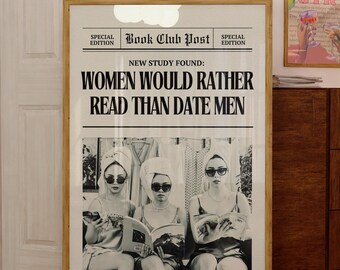 Funny Aesthetic Book Club Sign Digital Wall Art Print Poster, Trendy Bookshelf Decor Vintage Newspaper Book Poster Girly Reading Nook Decor