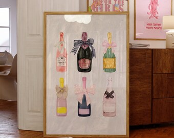 Cute Champagne with Bows Digital Wall Art Print, Coquette Room Decor, Pink Bow Printable Art, Aesthetic Bar Cart Decor, Cocktail Poster