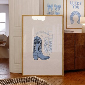 Coastal Blue Cowboy Boots Digital Wall Art Poster, Light Blue Coastal Cowgirl Print, Girly Western Prints, Beachy Coastal Cowgirl Aesthetic