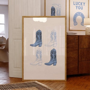 Coastal Blue Cowboy Boots Digital Wall Art Poster, Light Blue Coastal Cowgirl Print, Girly Western Prints, Beachy Coastal Cowgirl Aesthetic