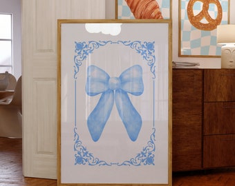 Preppy Blue Coquette Bow Digital Wall Art Print, Coquette Room Decor, Aesthetic Light Blue Pastel Nursery Wall Art, Vintage Blue Bow Print