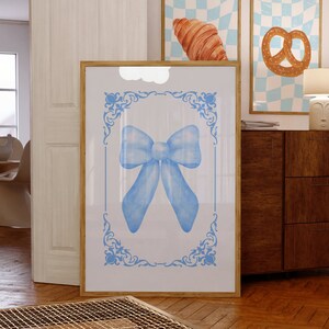 Preppy Blue Coquette Bow Digital Wall Art Print, Coquette Room Decor, Aesthetic Light Blue Pastel Nursery Wall Art, Vintage Blue Bow Print