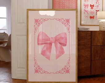 Preppy Pink Coquette Bow Digital Wall Art Print, Coquette Room Decor, Aesthetic Balletcore Wall Art, Nursery Girly Wall Art, Vintage Poster