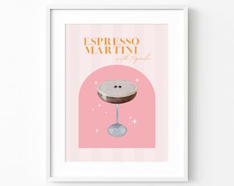 Könnte beinhalten: Gerahmter Druck mit einem Espresso Martini mit Tequila. Die Aquarellillustration zeigt einen Cocktail in einem Stielglas, vor einem rosa Hintergrund mit den Worten "Espresso Martini with tequila" in Gold.