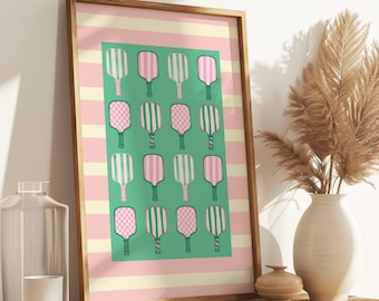 Ästhetisches Pink und Grün Pickleball Paddle Digitale Wand Kunst Druck, niedliches Pickle Ball Platz Poster, Retro Pickleball Schild, Spieler Sport Poster