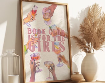 Funny Aesthetic Drinks and Book Club Digital Wall Art Print Poster, Trendy Bookshelf Decor, Retro Cocktail and Book Poster, Cheers Poster
