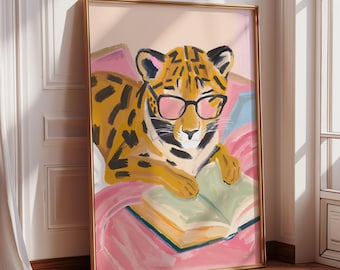 Aesthetic Leopard Reading Digital Wall Art Print, Trendy Bookshelf Decor, Pink Retro Bookish Poster, Bookworm Printable Art Book Lover Print