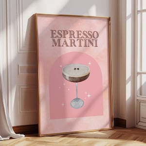 Pink Espresso Martini Cocktail Digital Art Print, Cute Coffee Cocktail Bar Art, Espresso Martini Glasses Wall Poster, Pink Kitchen Wall Art