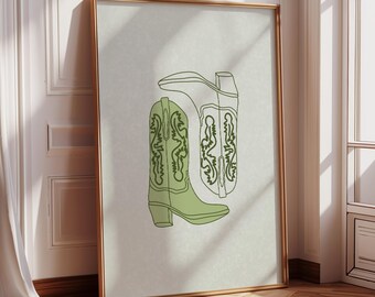 Sage Green Cowboy Boots Digital Wall Art Poster, Light Green Coastal Cowgirl Print, Girly Sage Green Western Prints, Cowgirl Boots Poster