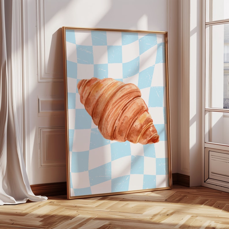 Retro Blue and White Checkered Croissant Wall Art Print, Trendy Kitchen ...