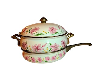 Normandy Enamel Pink Lily Serve Ware Pot and Pan Set