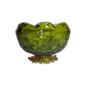 Indiana Glass Quilted Green Glass Dimond Rose Bowl with Metal Base