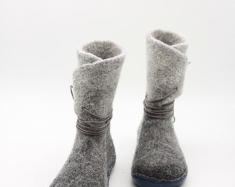 Hada gris Botas de invierno repelentes al agua hechas a mano lana de fieltro mujeres botas con correas diseño de moda ecológica ASB6