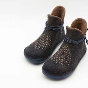 Barefoot boots modern embroidery felted wool Water repellent snow boots handmade eco design women/ado ankle tied boots light footwear ASB10