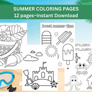 coloring pages, summer, instant download, kids coloring pages, beach, creativity, art activity