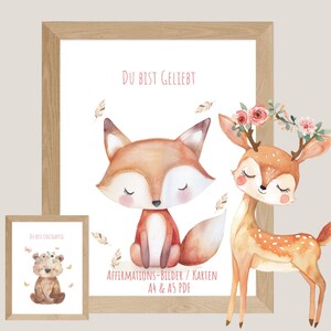 6 images/cartes d'affirmation pour la chambre d'enfant comme décoration (murale) ou pour une utilisation polyvalente avec d'adorables animaux de la forêt. PDF A4 et A5.