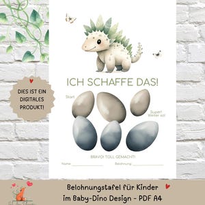May include: A reward chart featuring a cartoon dinosaur with green spikes, six oval shapes, and the text ICH SCHAFFE DAS, Start, Super! Weiter so!, BRAVO! TOLL GEMACHT!, Name, and Belohnung. A badge states DIES IST EIN DIGITALES PRODUKT.