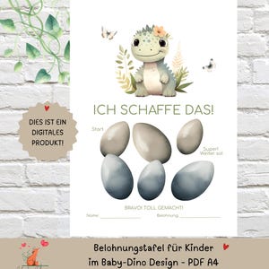 May include: A digital reward chart featuring a light green cartoon dinosaur with a flower on its head, surrounded by butterflies and foliage. The text reads ICH SCHAFFE DAS!, Start, Super! Weiter so!, BRAVO! TOLL GEMACHT!, Name, and Belohnung.