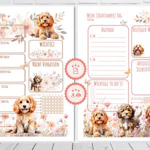 May include: A printable planner with a floral design and illustrations of dogs. The planner includes sections for weekly tasks, daily agenda, and a meal plan. The text on the planner includes "Meine Woche" and "Mein (Achtsamer) Tag".