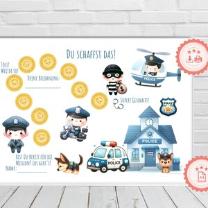以下が含まれることがあります： 子供向けの警察をテーマにした印刷可能なチャート。警察車両、警官、警察ヘリコプター、警察署が描かれています。チャートには、金貨による報酬システムと、子供の名前を書くスペースがあります。