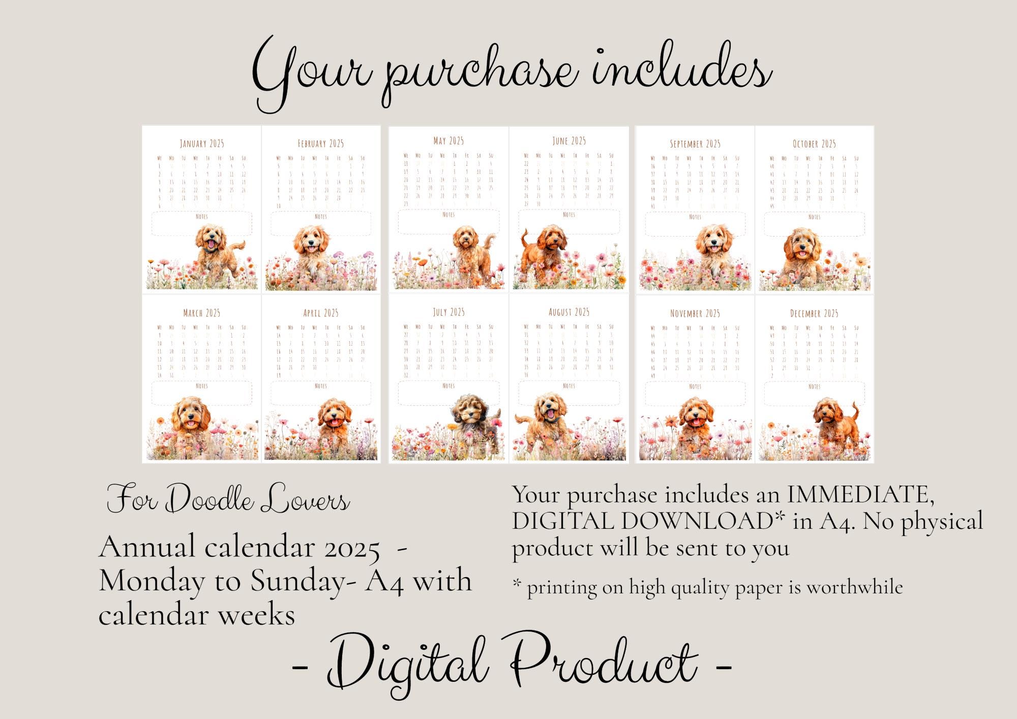 Adorable Doodle & Flowers Annual Calendar 2025. 12 Pages With Calendar ...