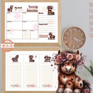 Könnte beinhalten: Ein druckbarer Wochenplaner mit einer braunen Pferdeillustration und floralen Akzenten. Der Planer enthält Abschnitte für Montag bis Sonntag, Notizen und wichtige Aufgaben. Der Text "Make this week amazing!" ist oben auf dem Planer zu sehen.