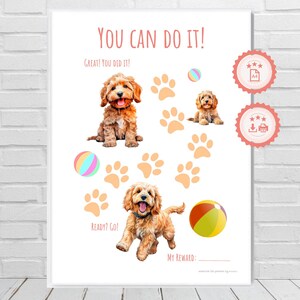 Könnte beinhalten: Ein druckbares Diagramm mit einem Hundethema für Kinder. Es zeigt einen Comic-Hund mit Pfotenabdrücken und Bällen. Das Diagramm sagt "You Can Do It!" und "Great! You Did It!" und "Ready? Go!" und "My Reward:"