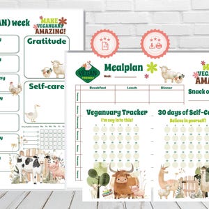 Könnte beinhalten: Ein Satz druckbarer veganer Planer mit Wochenplan, Essensplan und Selbstpflege-Tracker. Die Designs zeigen Aquarellillustrationen von Nutztieren und den Text "Make Veganuary Amazing!"