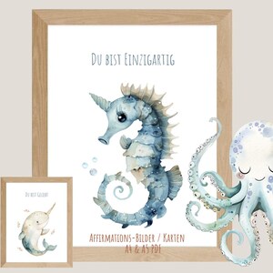 6 images/cartes d'affirmation motivation confiance en soi chambre d'enfant comme décoration et pour une utilisation polyvalente. Avec les créatures marines PDF