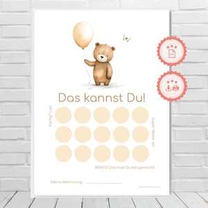 Puede incluir: Un gráfico imprimible con un oso marrón sosteniendo un globo amarillo. El gráfico tiene 15 círculos para colorear, con el texto "Das kannst Du!" en la parte superior. El texto "Fertig? Los!" está en el lado izquierdo del gráfico, y el texto "Super! Weiter so!" está en el lado derecho del gráfico. El texto "BRAVO! Das hast Du toll gemacht!" está en la parte inferior del gráfico, y el texto "Meine Belohnung" está debajo de eso.