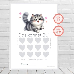 Carta premio "gatto dolce, soriano, grigio" PDFA4 con 12 punti a misura di bambino per favorire routine, abitudini e motivazione all'apprendimento