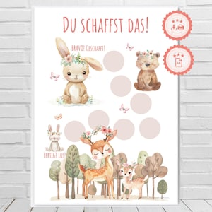 Tabla de recompensas motivacionales para niños con animales del bosque en suaves colores pastel. 7 marcas de verificación. Multiusos. PDF A4.