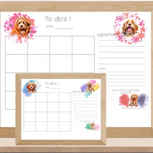 May include: Two printable to-do lists with a dog theme. Each list has a watercolor background with a cute dog illustration. The lists are divided into sections for "To do's", "Important", and "Notes".