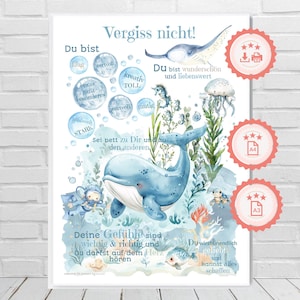Póster de afirmación para niños - mensajes positivos - criaturas marinas en suaves tonos azules - fortalece la confianza en uno mismo y la motivación - A3/A4 PDF