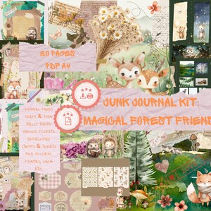 Könnte beinhalten: Ein Scrapbook-Kit mit einem magischen Waldthema, das Journalseiten, Stempel und Tickets enthält. Der Text lautet "Junk Journal Kit: Magical Forest Friends" und "30 Seiten PDF A4". Enthält Illustrationen von Hirschen, Füchsen und anderen Waldtieren.