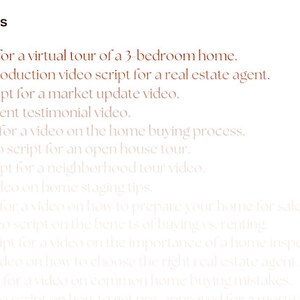 K&ouml;nnte beinhalten: Eine Liste mit Video-Skript-Ideen f&uuml;r Immobilienmakler. Die Liste umfasst Themen wie virtuelle Touren, Kundenreferenzen, Markt-Updates und Tipps zur Wohnungsinszenierung.